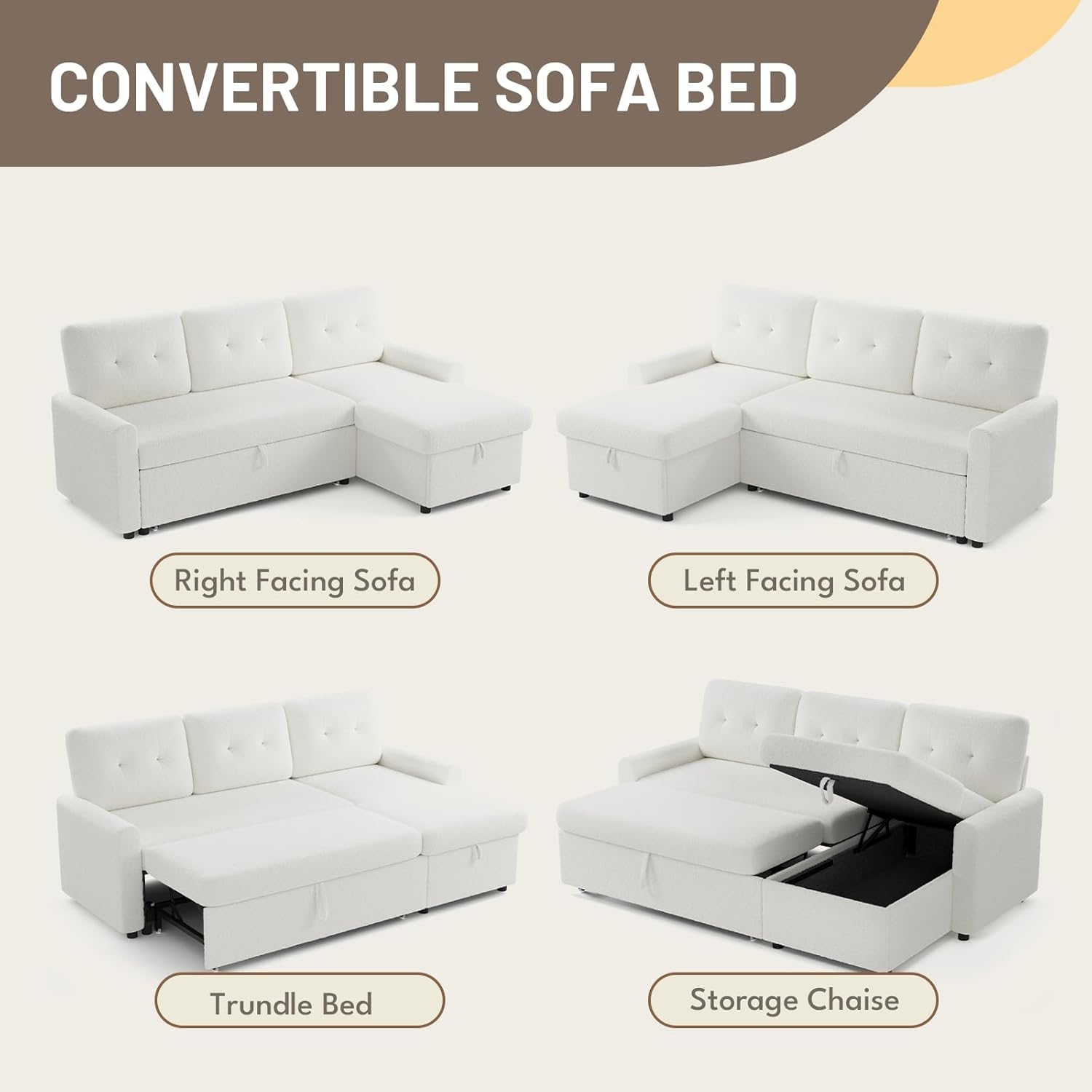 IULULU Sleeper Sofa, L Shaped Boucle Sectional Couch with Pullout Bed, Reversible Storage Chaise, 2 in 1 Pull Out Couches for Living Room, Apartment, Off White