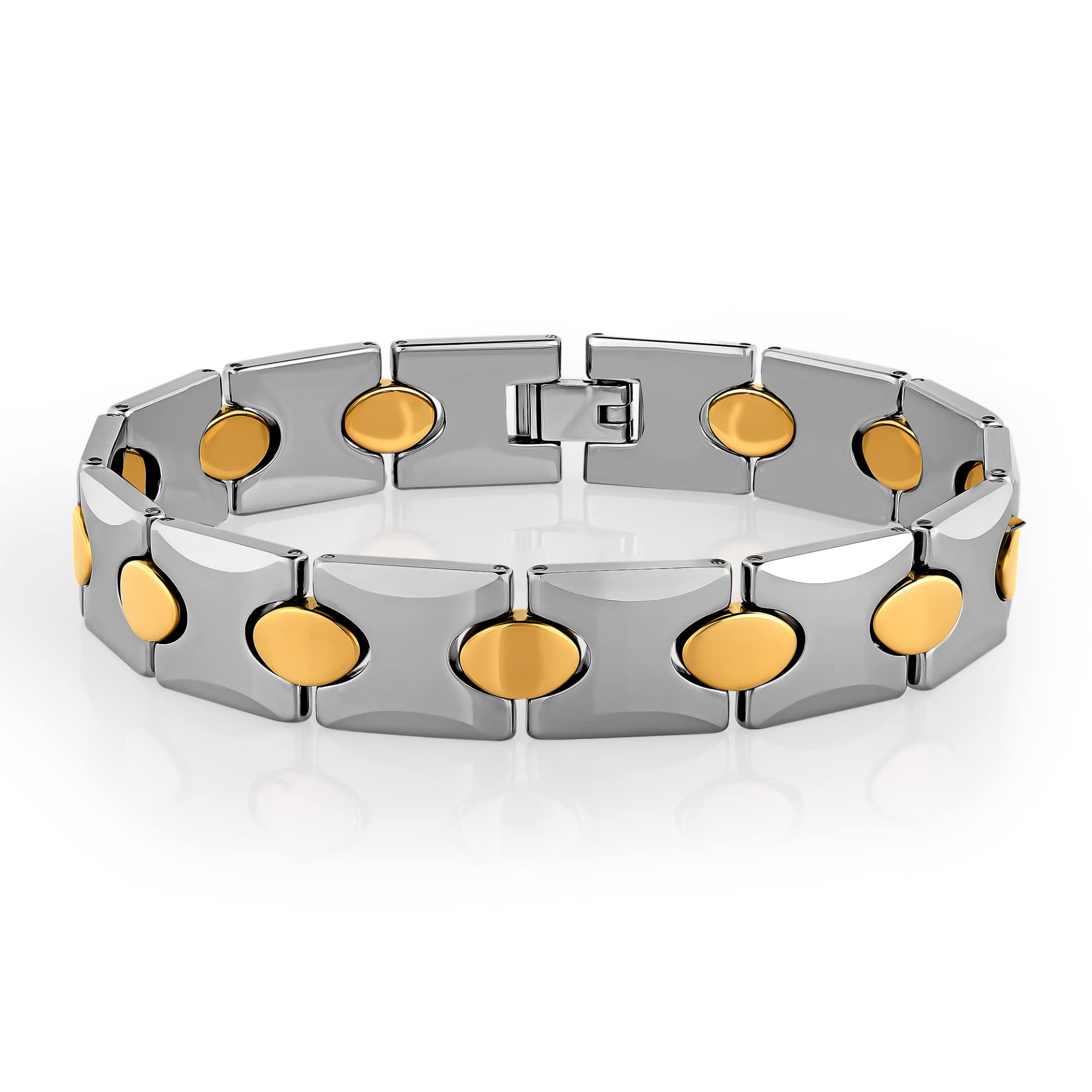 Urban Jewelry Stunning Solid Tungsten Link Bracelet for Men Polished Link, Puzzle, Ceramic Style (Silver, Black, 18K Gold Plated Option)