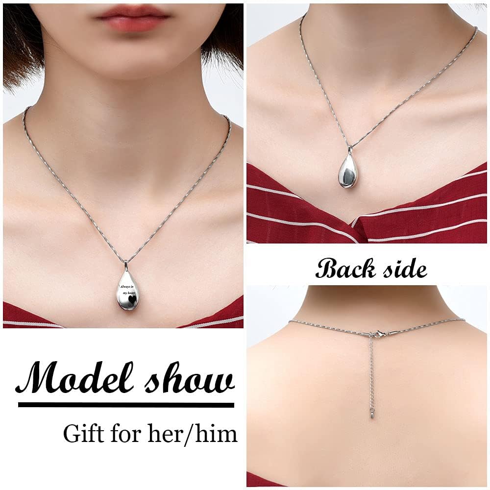 Yinplsmemory Carved Teardrop Keepsake Ashes Necklace Urn Pendant Cremation Memorial Jewelry-Always in my heart