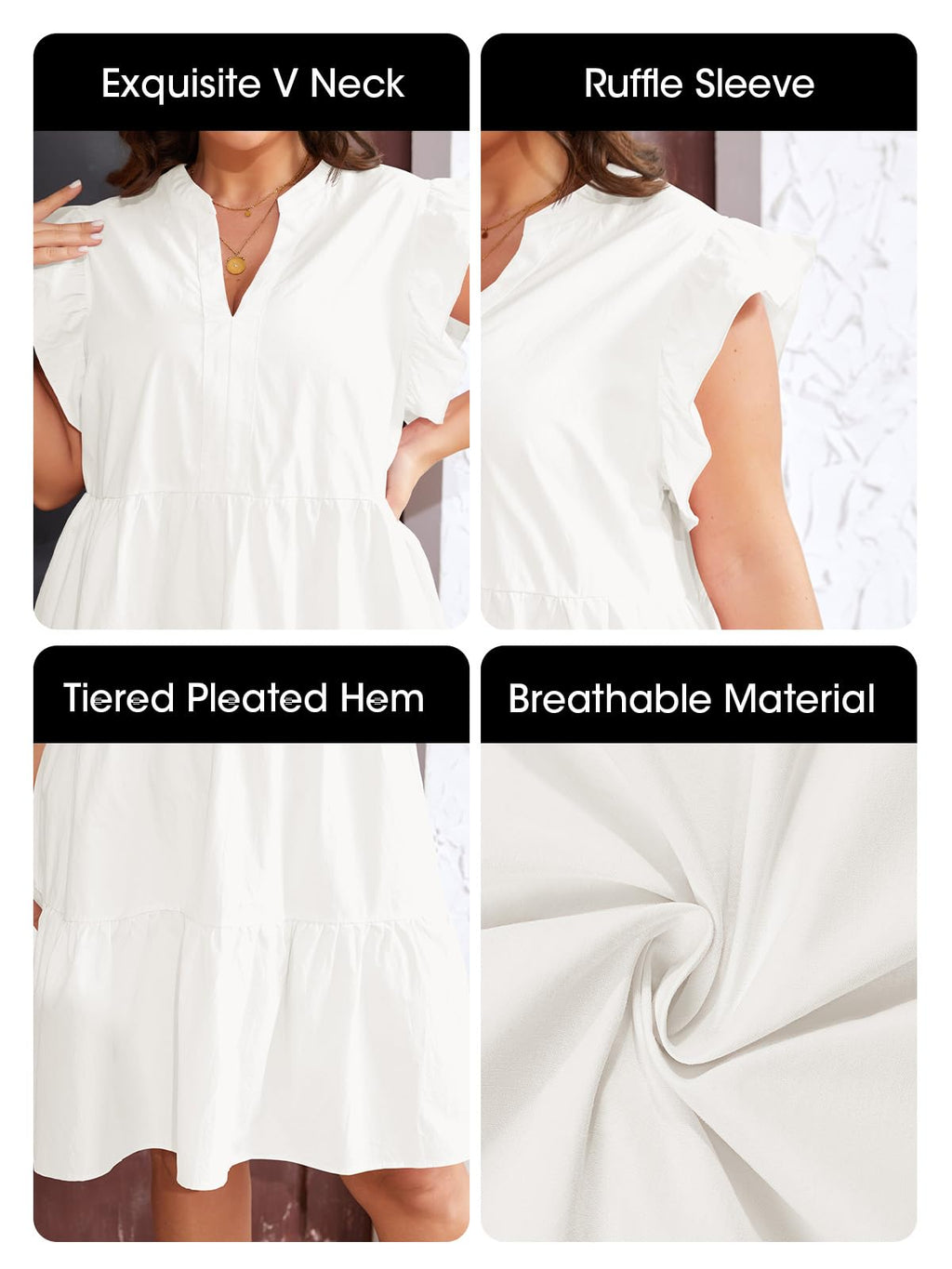 پیراهن‌های سایز بزرگ فیسو برای زنان تابستانی با آستین کوتاه چین‌دار، یقه هفت، پیراهن چندلایه تاب‌دار، مدل بَبی‌دال مینی، سفید