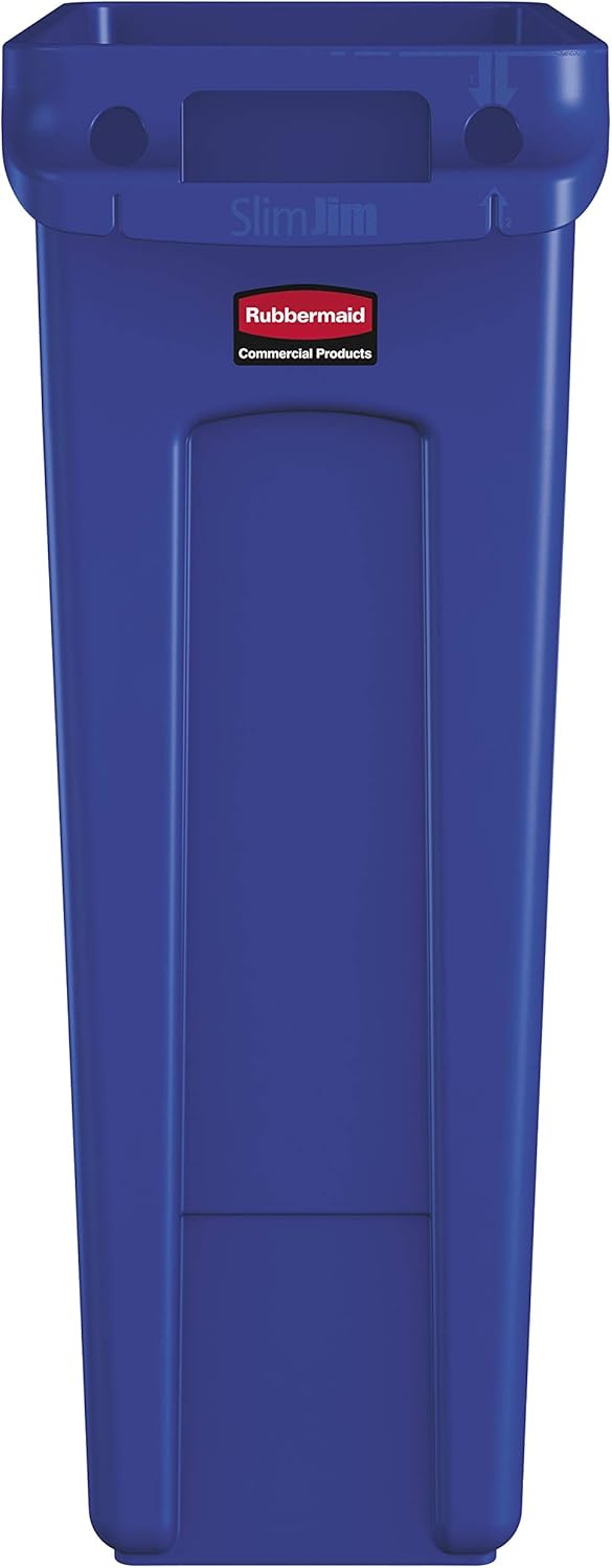 Rubbermaid Commercial Products Slim Jim Plastic Rectangular Recycling Bin/Trash Can with Venting Channels 23 Gal Blue for Kitchens/Classrooms/Offices/Back of House