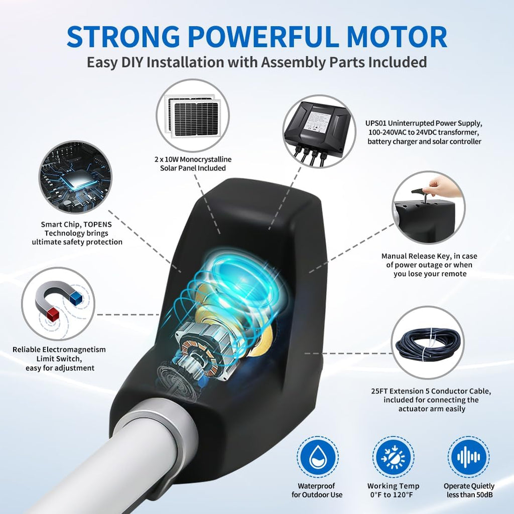 TOPENS AT6132S Solar Dual Swing Gate Opener Medium Duty Automatic Gate Motor for Double Swing Gates Up to 18ft per Arm, Electric Driveway Gate Operator AC Powered with Solar Panel Remote Control Kit