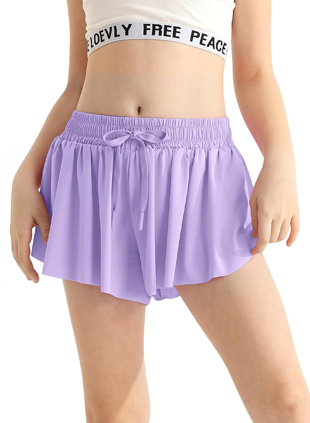 Schmetterlings-Shorts Mädchen Süß Lila mit Tasche Schnell trocknend Athletisch Fließende Röcke für Cheer, Laufen, Fitness Mädchen Shorts Größe 10-12