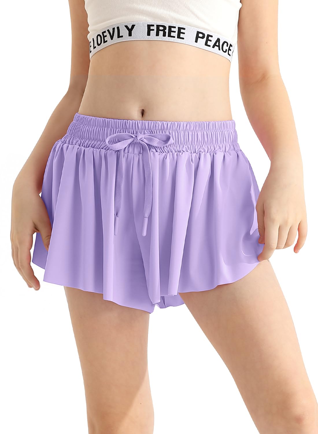 Schmetterlings-Shorts Mädchen Süß Lila mit Tasche Schnell trocknend Athletisch Fließende Röcke für Cheer, Laufen, Fitness Mädchen Shorts Größe 10-12