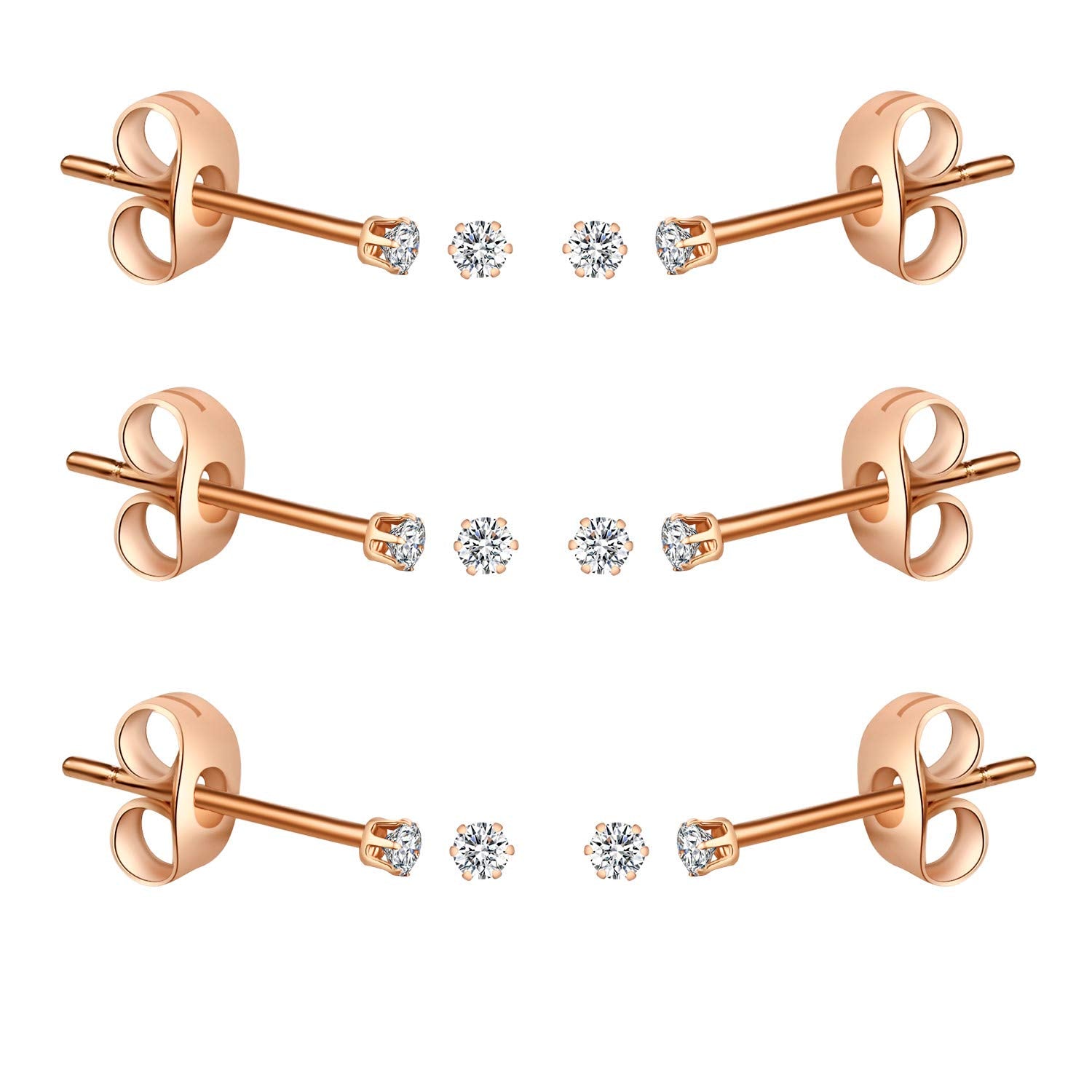 6-10 Pairs Tiny Women's Stainless Steel Round Clear Cubic Zirconia Stud Earrings, Hypoallergenic Surgical Steel Earrings Set, 2mm 3mm 4mm CZ,