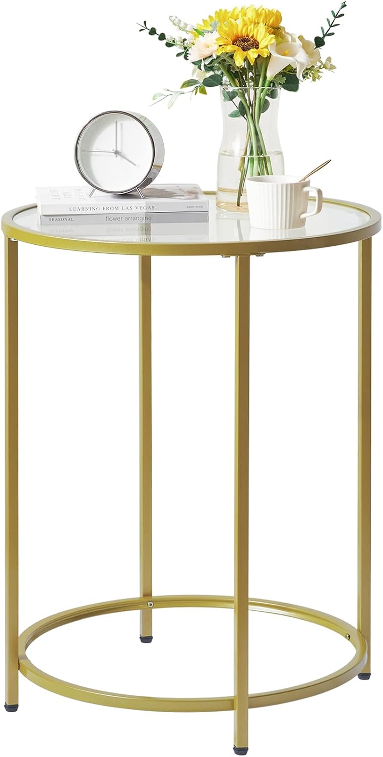 YMYNY Round End Table, Tempered Glass Sofa Side Table, Gold Coffee Table for Office Bedroom Living Room, Metal Frame, Modern Decor, 19.7D*18.5D*25.6''H, UHGD020G