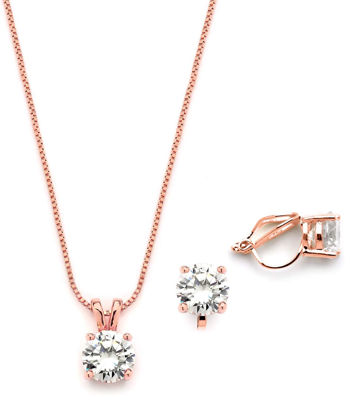 Mariell 14K Rose Gold Plated Cubic Zirconia Jewelry Set - 2cwt Round Pendant with 8mm Clip-On Earrings