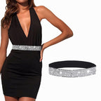 Bounzhi Women Belt Rhinestone Stretch Dresses Belts Elastic Vintage Waist Belt for Women (Silver, L(35"-43")) - Grand Goldman