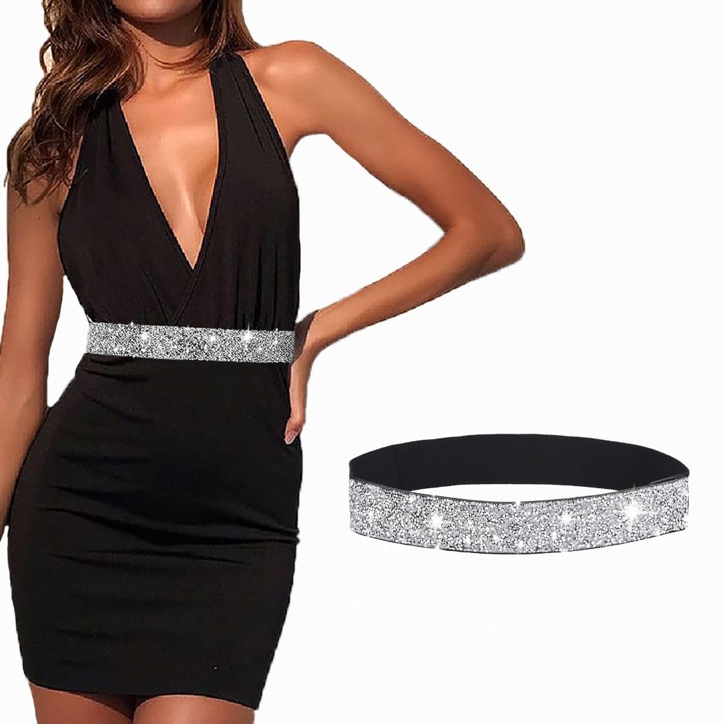 Bounzhi Women Belt Rhinestone Stretch Dresses Belts Elastic Vintage Waist Belt for Women (Silver, L(35"-43"))