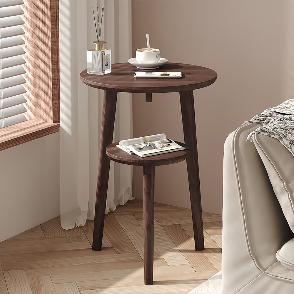 Solid Wood Round Side Table with 2 Open Shelves – Decorative Nightstand & Coffee Table for Bedroom, Living Room, or Study(Brown)