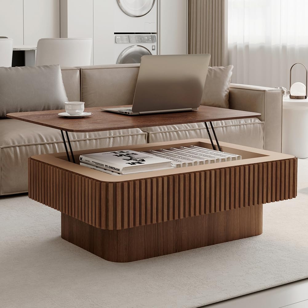 Lift Top Coffee Table with Storage for Living Room Mid Century Modern Coffee Table with Lifting Top Wood Fluted Coffee Tables with Lifts Up Tabletop for Home Apartment Office 38.6" Walnut Rectangle