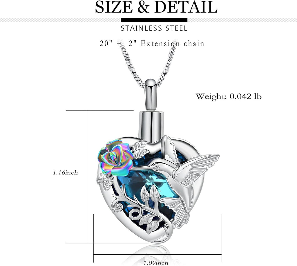 Yinplsmemory Hummingbird Cremation Jewelry Crystal Heart Urn Ashes Necklace for Women Men Memorial Keepsake Necklace of Loved One
