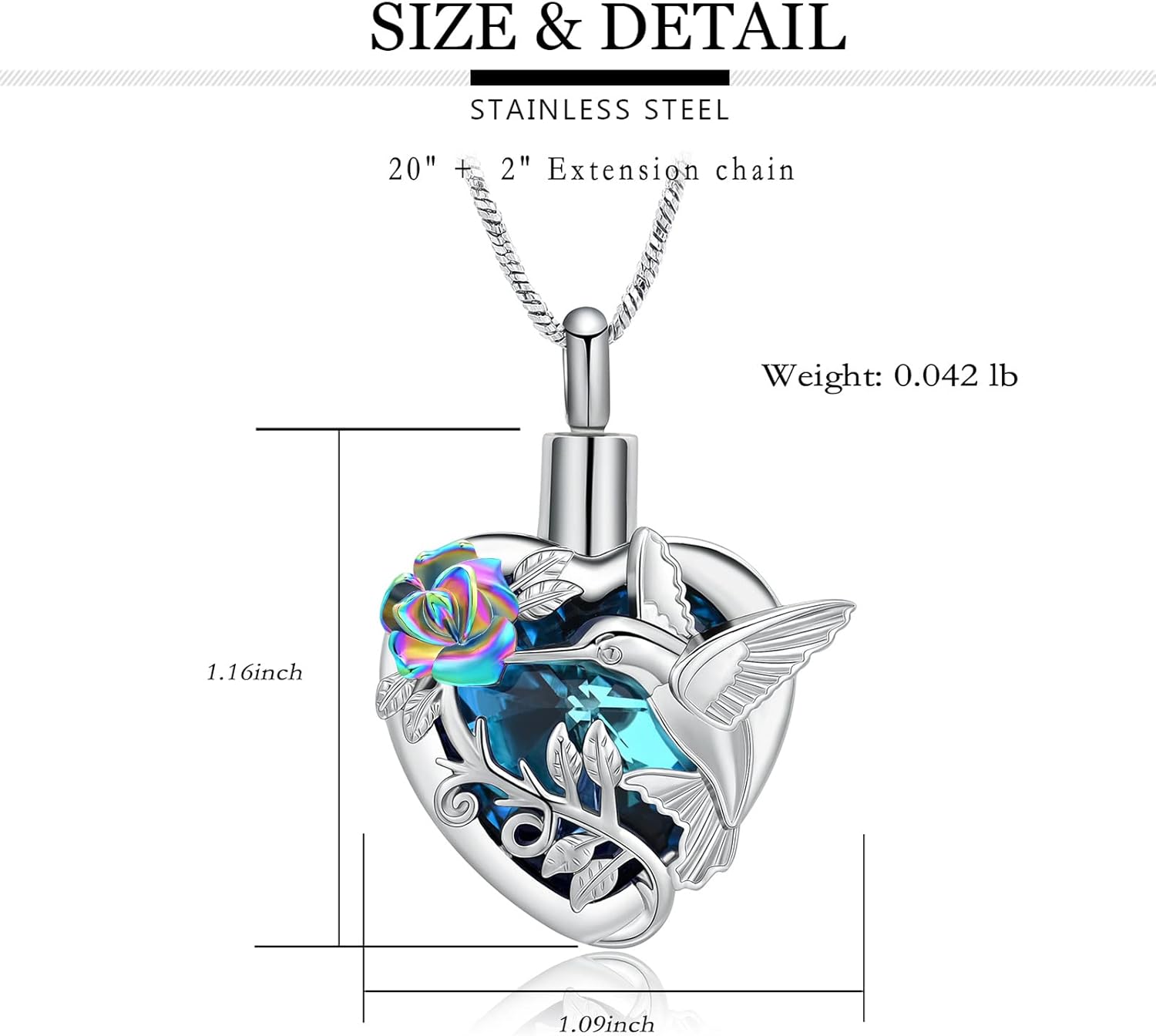 Yinplsmemory Hummingbird Cremation Jewelry Crystal Heart Urn Ashes Necklace for Women Men Memorial Keepsake Necklace of Loved One