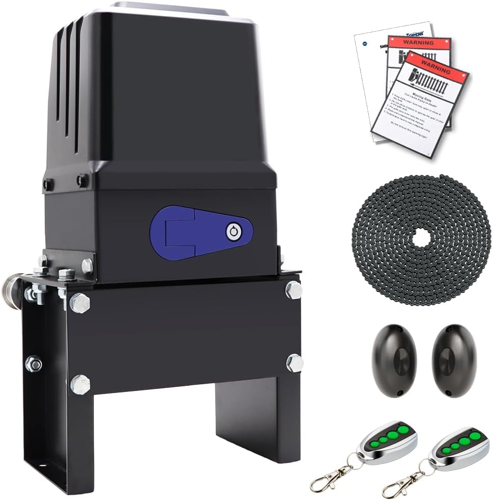 TOPENS CK2500 Automatic Sliding Gate Opener Chain Drive Electric Gate Motor for Heavy Driveway Slide Gate Up to 5700 Pounds Security Gate Operator AC Powered with 20ft Roller Chain and Remote Control