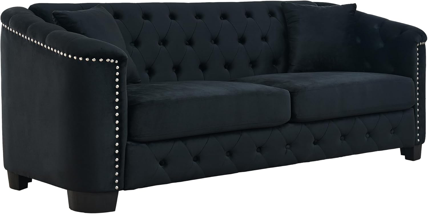 mikibama Modern Chesterfield Velvet Sofa, 77 Inch Sectional Sofa, Luxury 3 Seater Upholstered Tufted Couch with Nailhead Arms and 2 Pillows for Living Room, Bedroom, Apartment(Black)