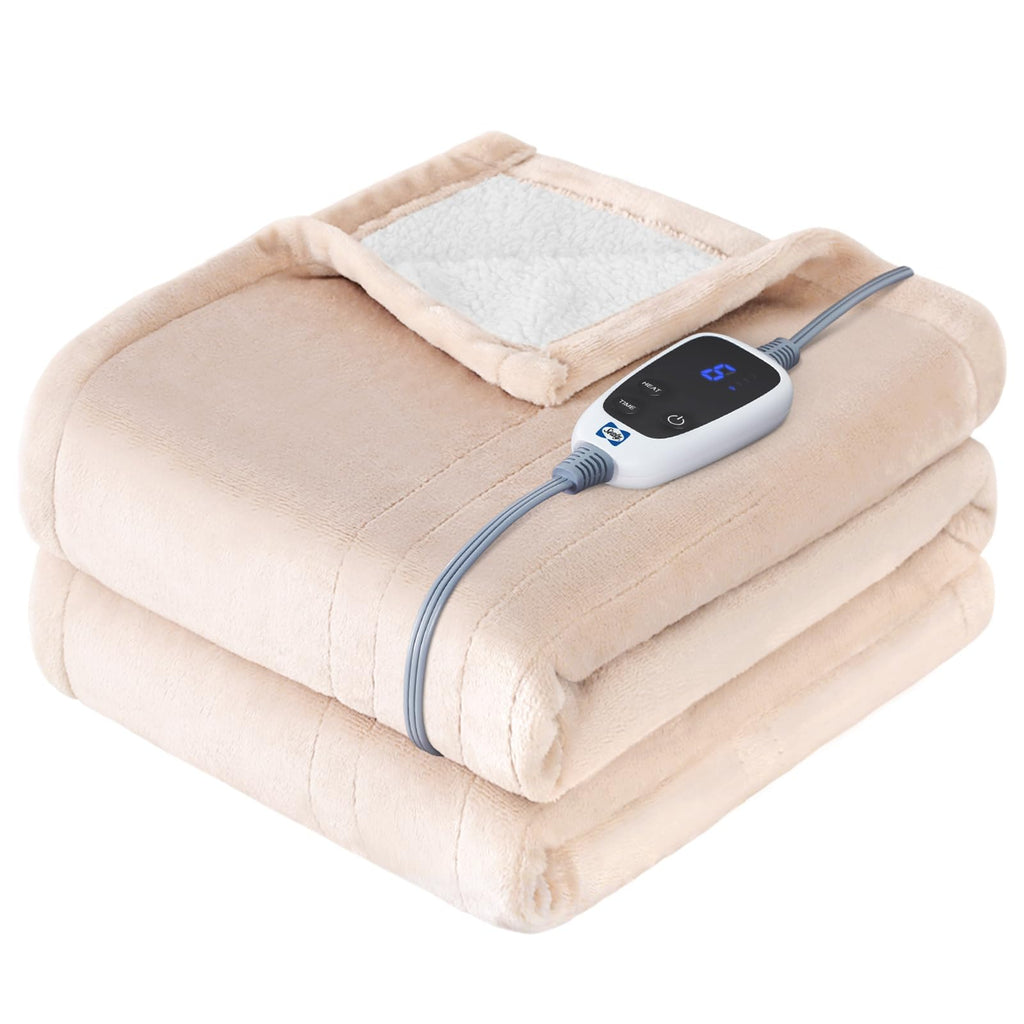 Sealy Electric Blanket Queen Size, Flannel & Sherpa Heated Blanket with 10 Heat Setting & 1-12 Hour Auto Shut Off, Fast Heating Blanket, Machine Washable, Beige, 84 x 90 Inch