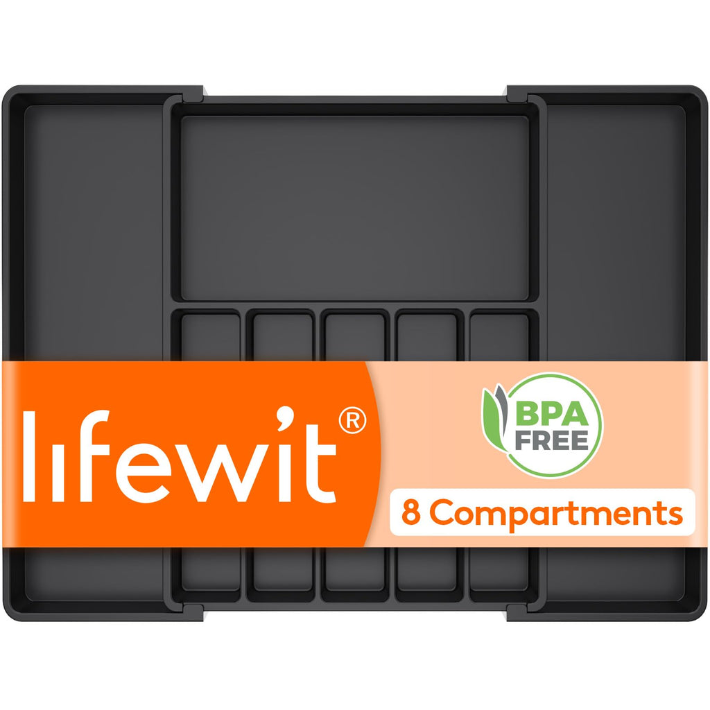 Lifewit Silverware Drawer Organizer, Expandable Utensil Tray for Kitchen, BPA Free Flatware and Cutlery Holder, Adjustable Plastic Storage for Spoons Forks Knives, 8.5-14 x 12", Black