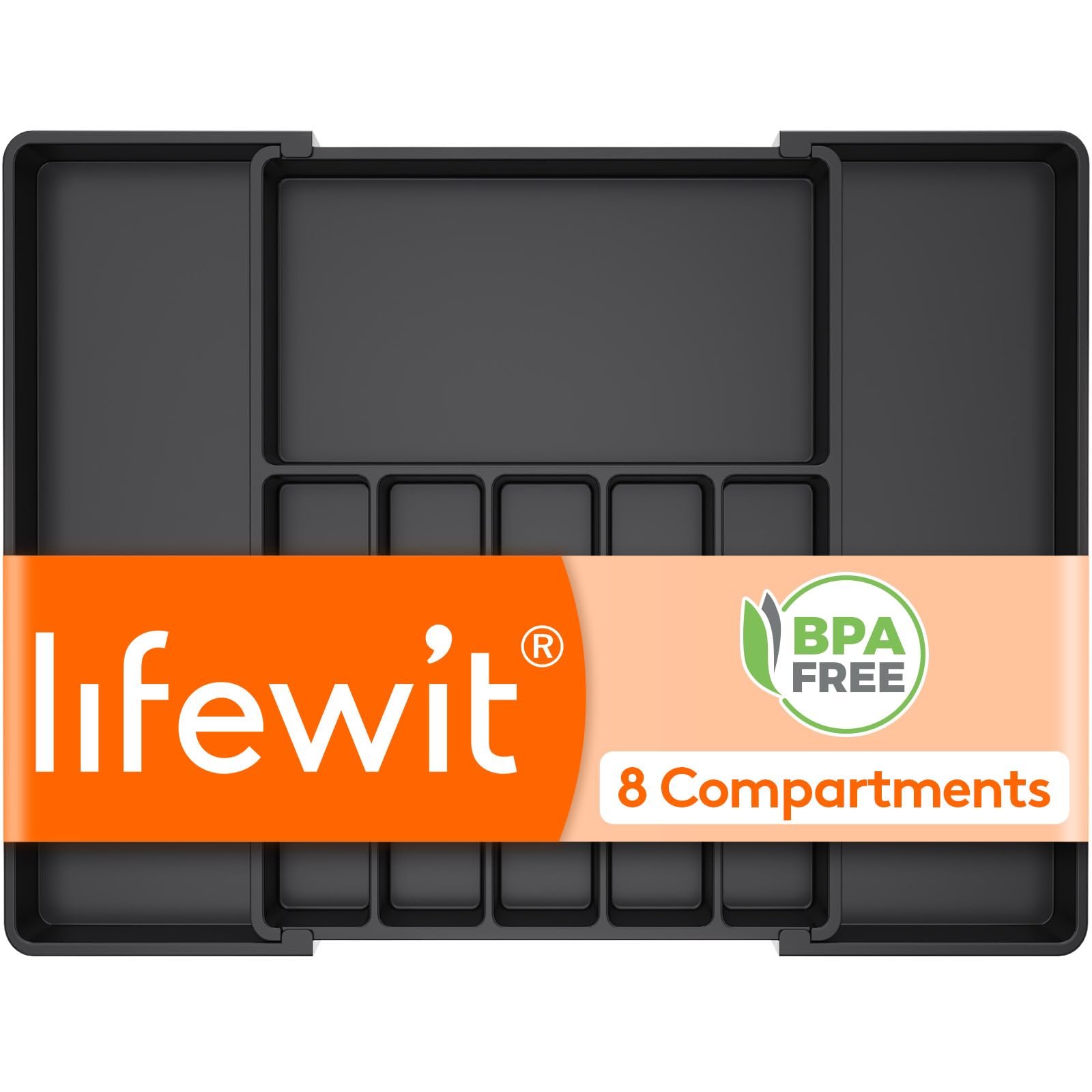 Lifewit Silverware Drawer Organizer, Expandable Utensil Tray for Kitchen, BPA Free Flatware and Cutlery Holder, Adjustable Plastic Storage for Spoons Forks Knives, 8.5-14 x 12", Black