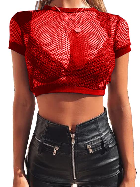 Avidlove Top Corto Transparente para Mujer Camiseta de Manga Corta de Red Transparente Cuello O Bikini Pulóver Rojo, S