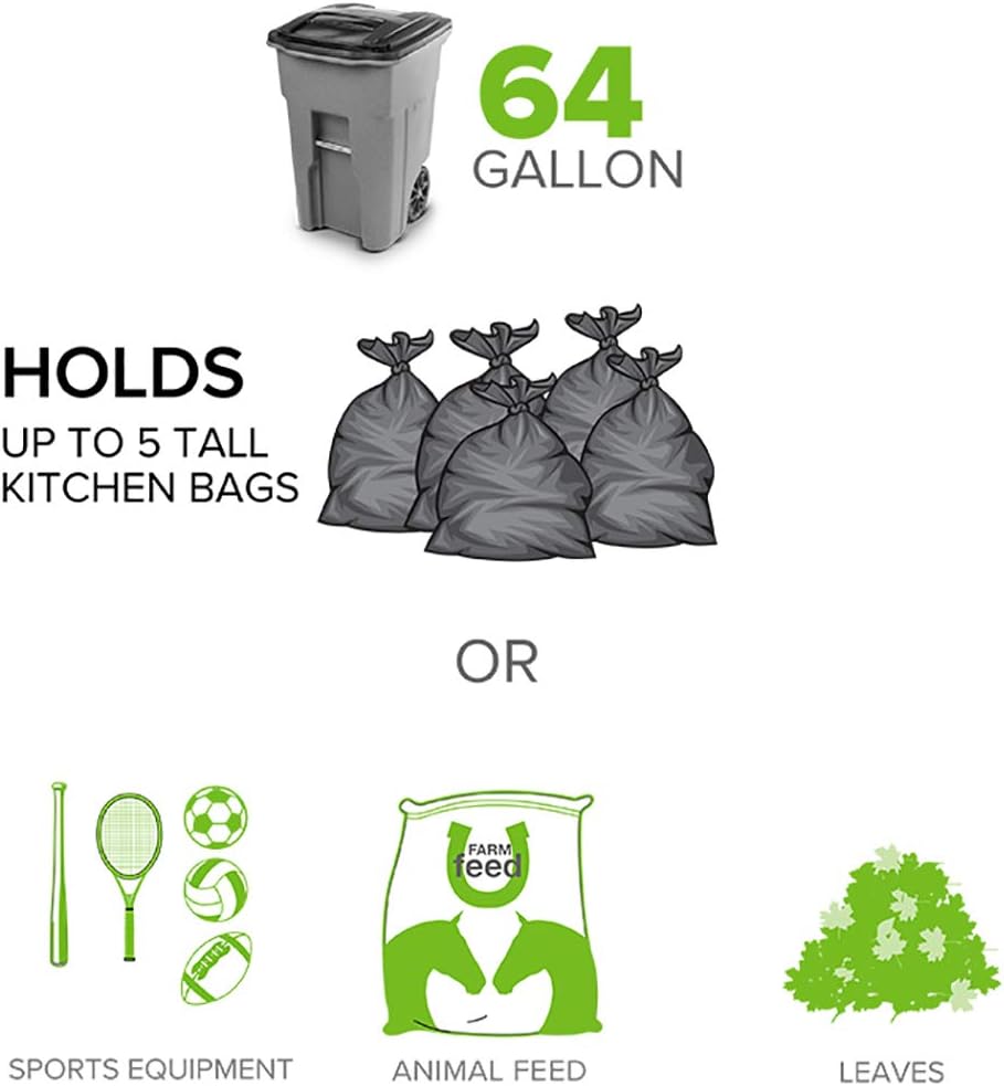 Toter 25564-R1209 Residential Heavy Duty Two Wheeled Trash Can, Blackstone, 64 Gallon