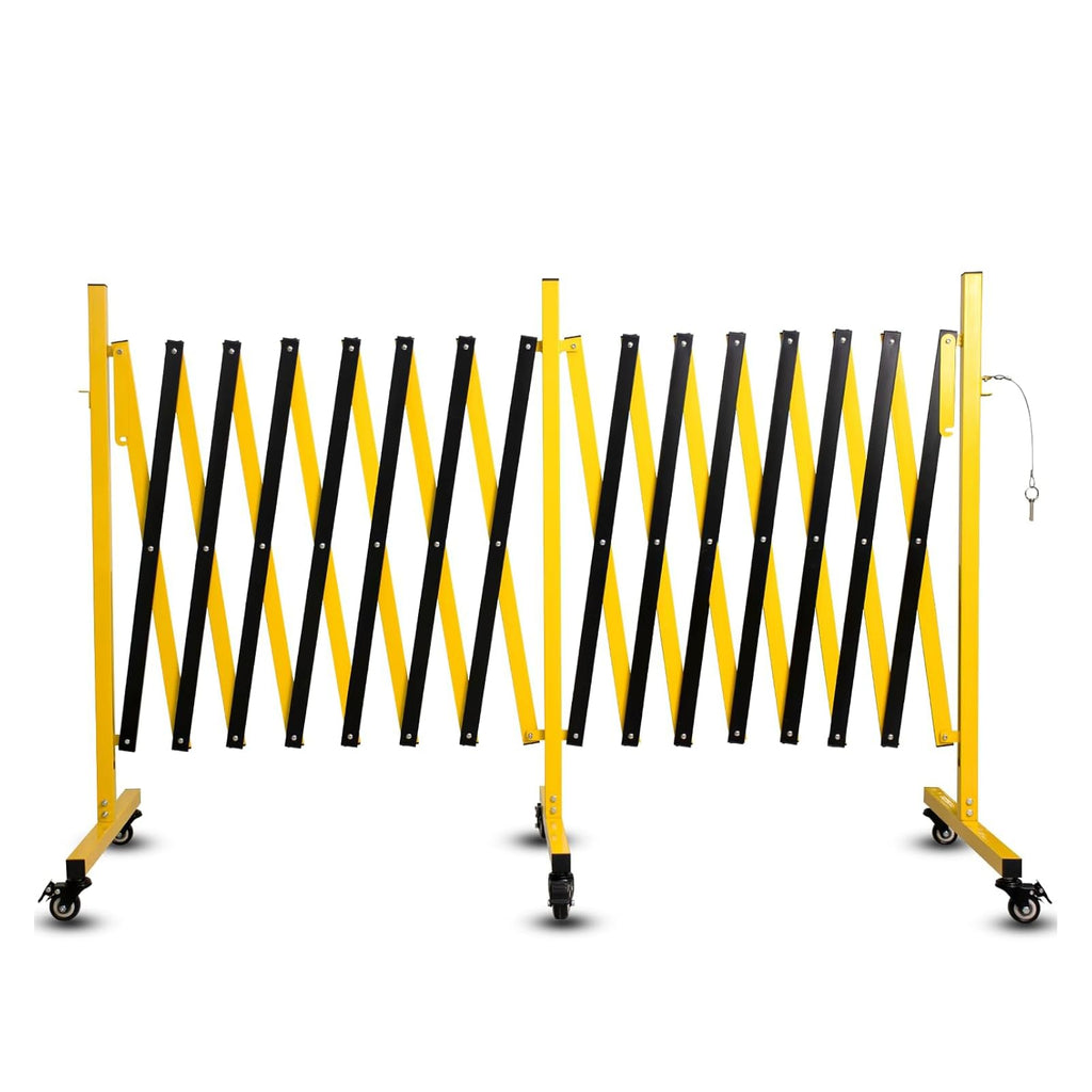Industrial Expandable Metal Barricade 17 Feet, Yellow and Black Mobile Safety Barrier Gate, Retractable Traffic Fence with Casters, Folding Expandable Barricade for Road Construction, Garage