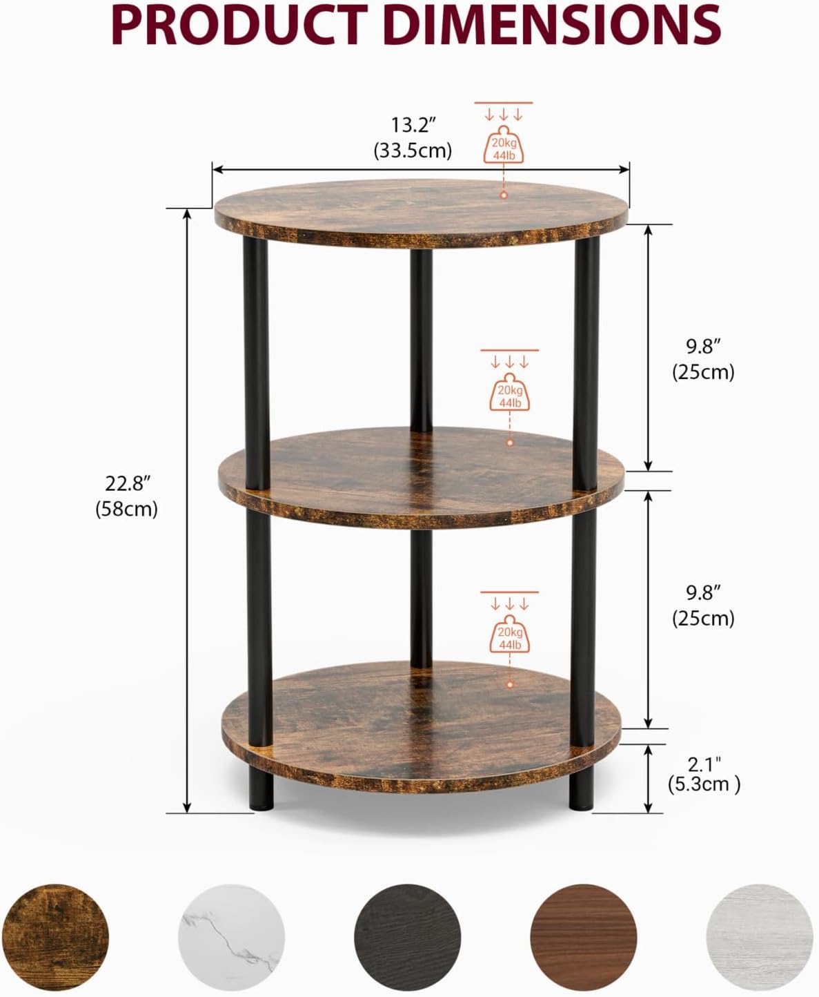 Small Round End Table - 3 Tier Design Accent Table, Narrow Side or Bedside Stand, Industrial Vintage Nightstand for Bedroom, Living Room, or Small Spaces, Rustic Brown