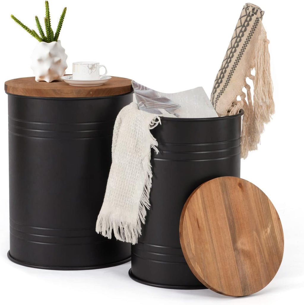 Poofzy Farmhouse End Tables Set of 2, Galvanized Metal Decor Side Table with Wood Lid, Coffee Table Storage Stool for Living Room (Black)