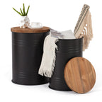 Poofzy Farmhouse End Tables Set of 2, Galvanized Metal Decor Side Table with Wood Lid, Coffee Table Storage Stool for Living Room (Grey)