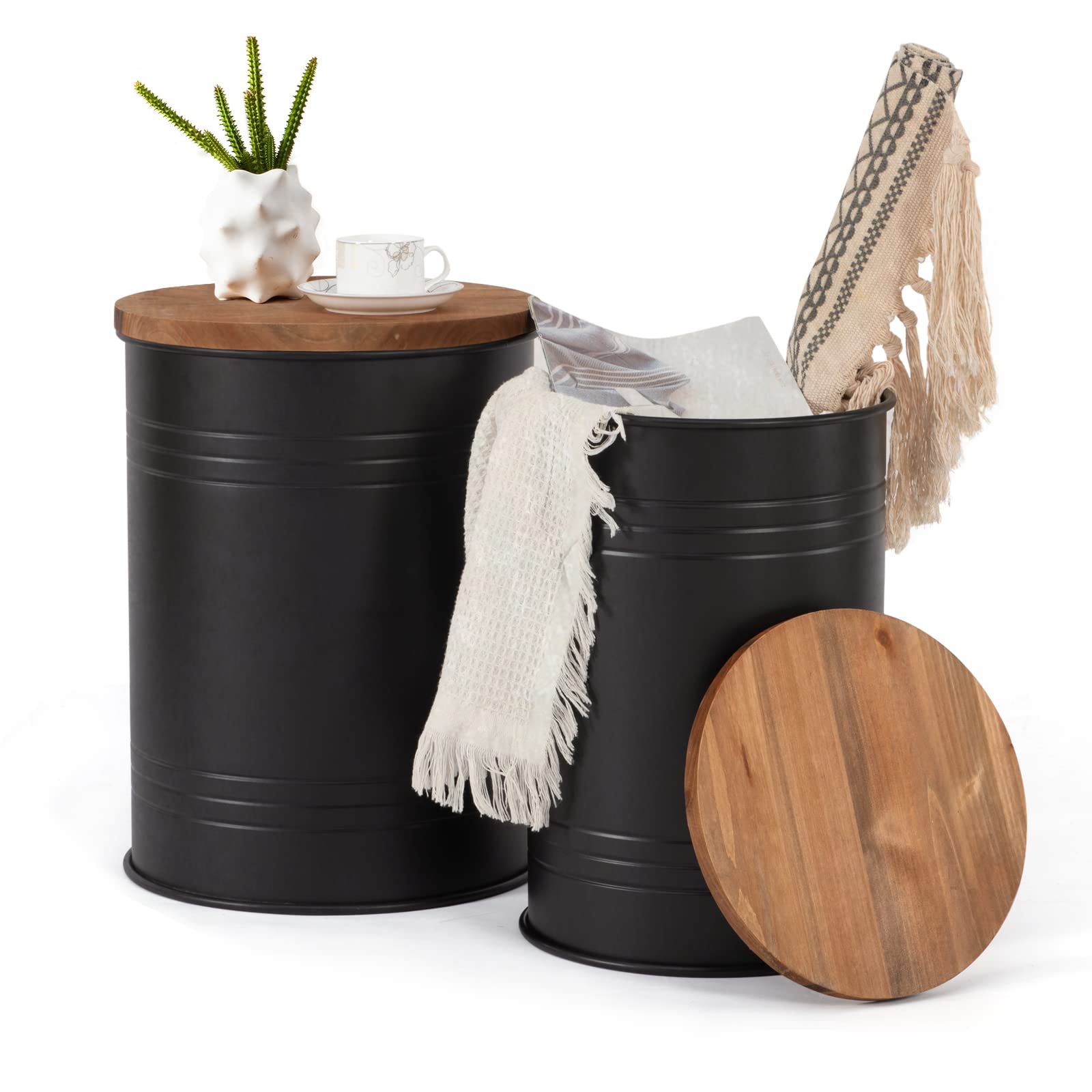 Poofzy Farmhouse End Tables Set of 2, Galvanized Metal Decor Side Table with Wood Lid, Coffee Table Storage Stool for Living Room (Grey)