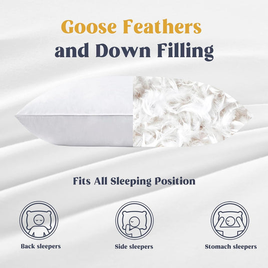 puredown® Goose Feathers and Down White Pillows with 100% Cotton Cover, Bed Sleeping Hotel Collection Pillows Set of 2, Standard Size