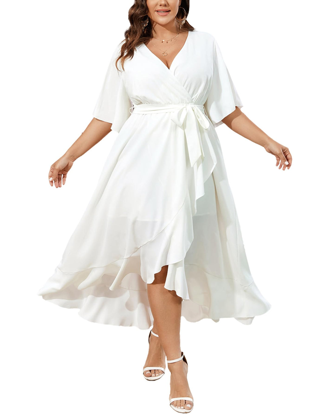 SCOMCHIC Women Plus Size Maxi Dress Short Sleeve Wrap V Neck High Low Split Ruffle Long Dress White