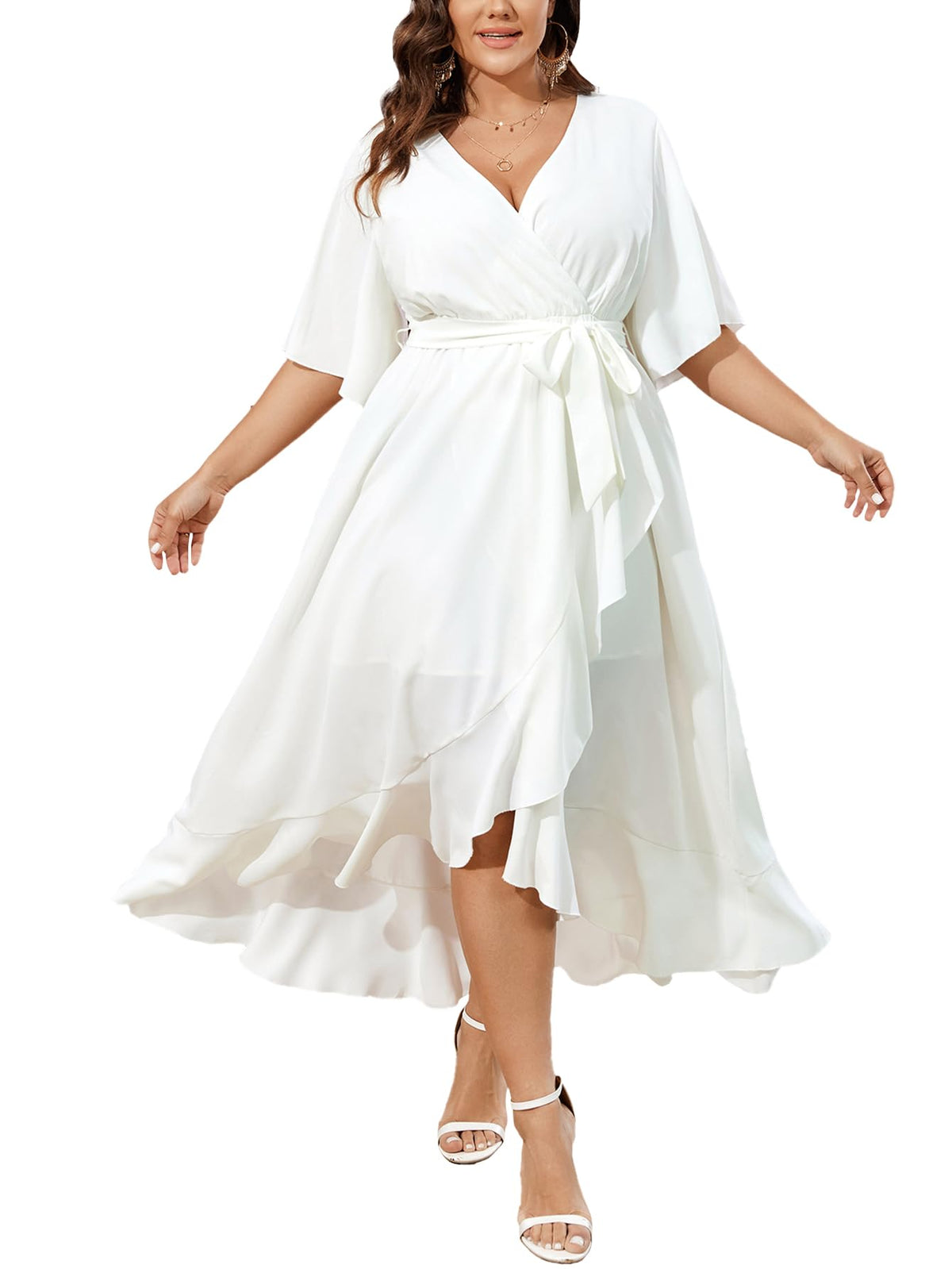 SCOMCHIC Women Plus Size Maxi Dress Short Sleeve Wrap V Neck High Low Split Ruffle Long Dress White