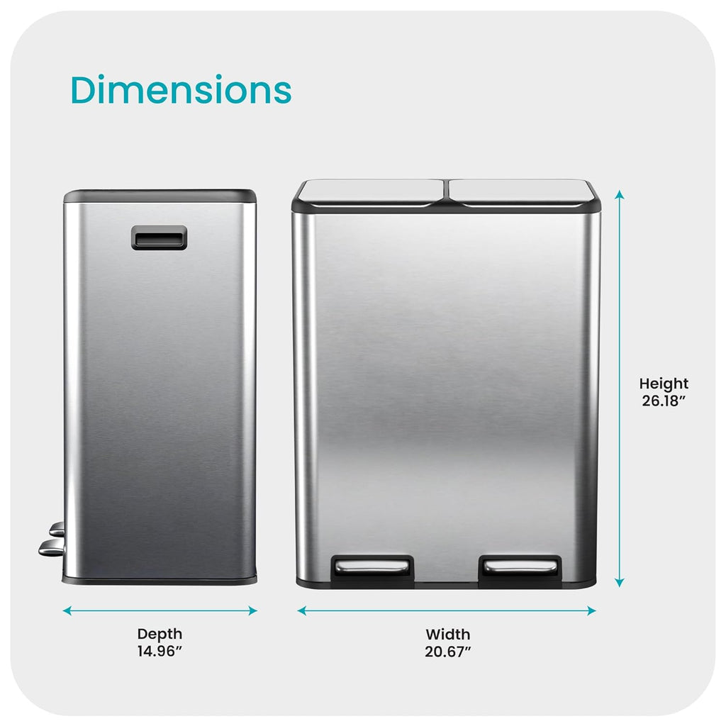 Home Zone Living 16 Gallon Kitchen Trash Can with Dual Compartments for Recycling, Stainless Steel, Silver, 60 Liters Total