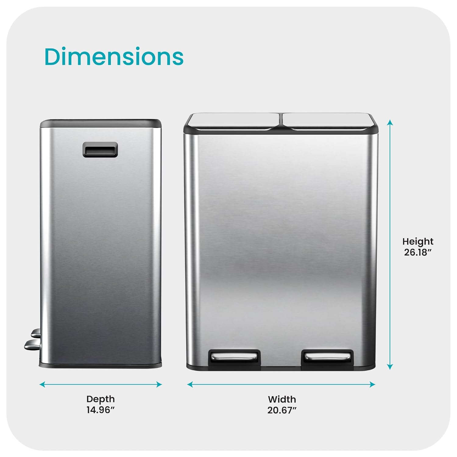 Home Zone Living 16 Gallon Kitchen Trash Can with Dual Compartments for Recycling, Stainless Steel, Silver, 60 Liters Total