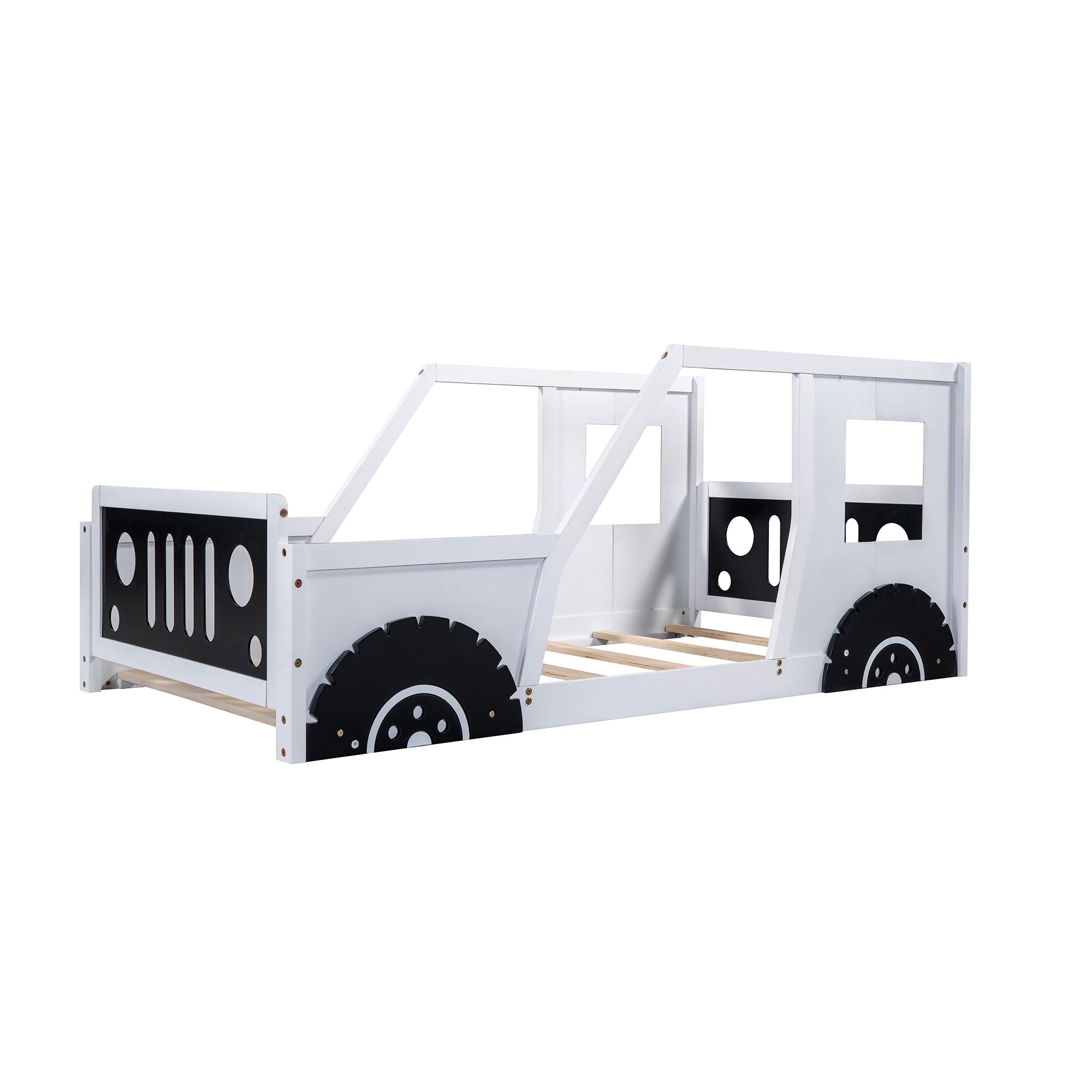 Tvillingestørrelse Børneseng, klassisk bilformet platformseng med hjul, træ tvilling Montessori gulvseng til drenge og piger, Lightning McQueen seng (hvid+sort)