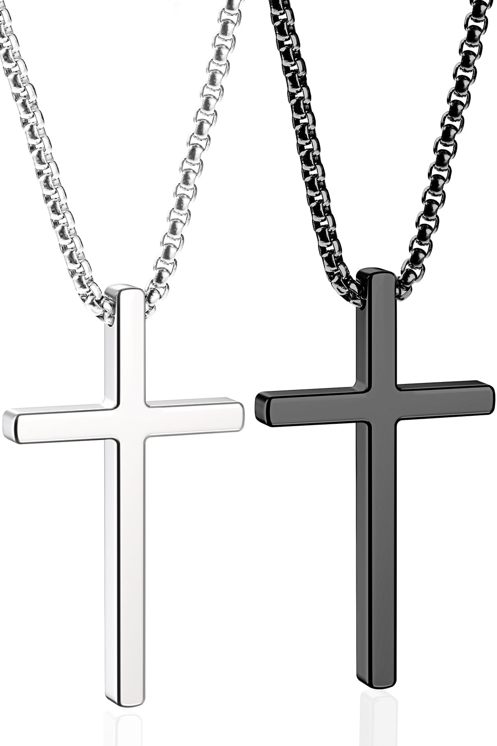 Romass 2 Pcs Cross Necklace for Men,Stainless Steel Pendant Silver Black Crosses Chain Jewelry Gifts Box 16-30 inches