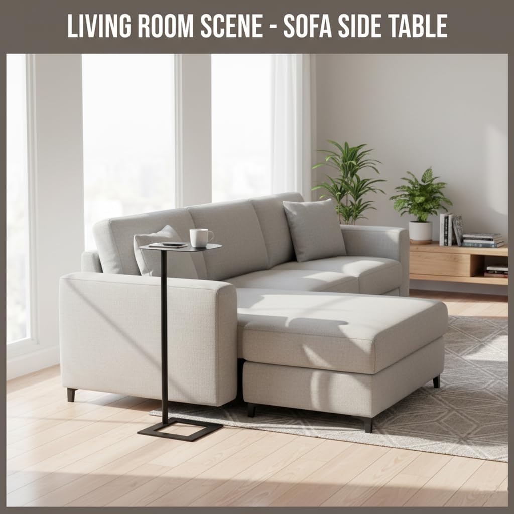 Stable C Table End Table, 23.4" Tall C Shaped Side Table That Slides Under Sofa, Slim Under Couch Table, Modern Industrial Coffee Tray Table for Living Room Bedroom (Small Black)