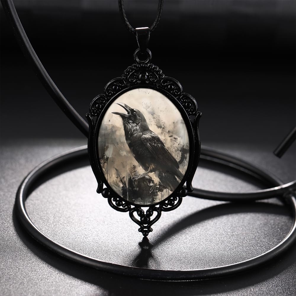 YWMAN Goth Raven Cameo Necklace Set Vintage Gothic Crow Cross Pendant Halloween Witch Costume Accessories Women Chocker Jewelry Gift