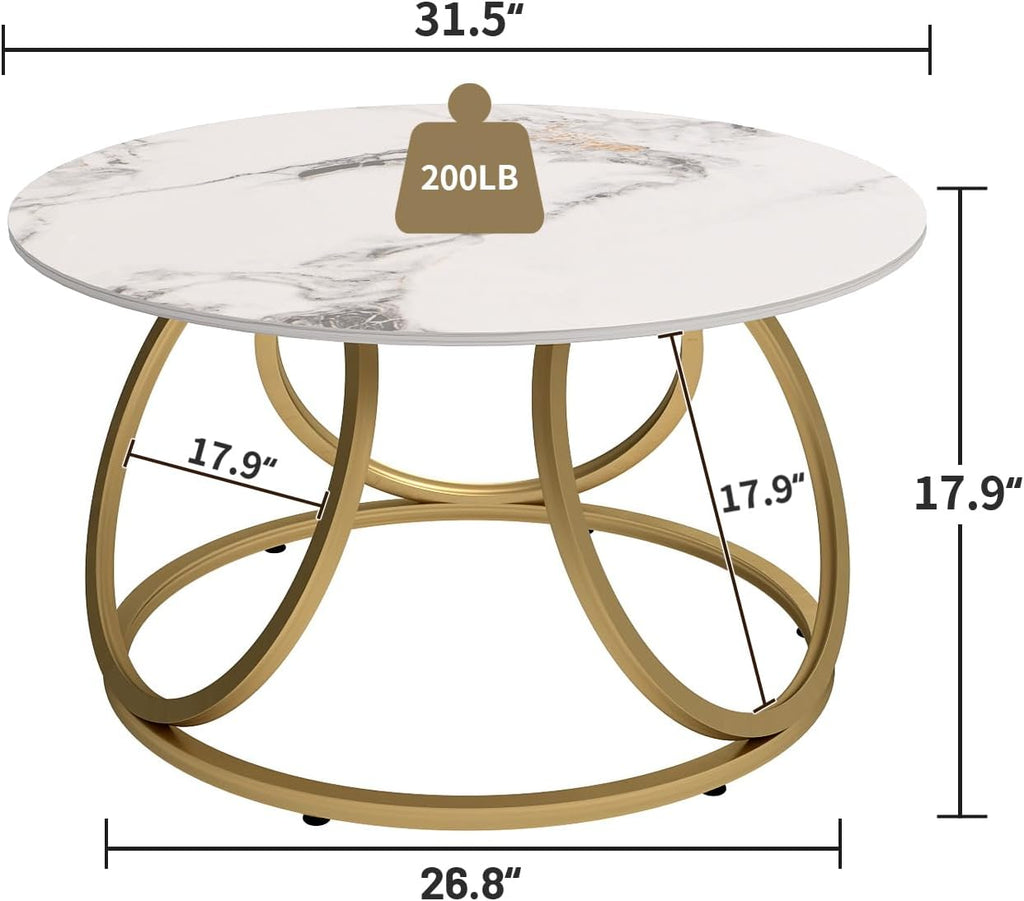 OIOG Round Coffee Table for Living Room, Modern Coffee Table with Marbling Natural Stone, Gold & White
