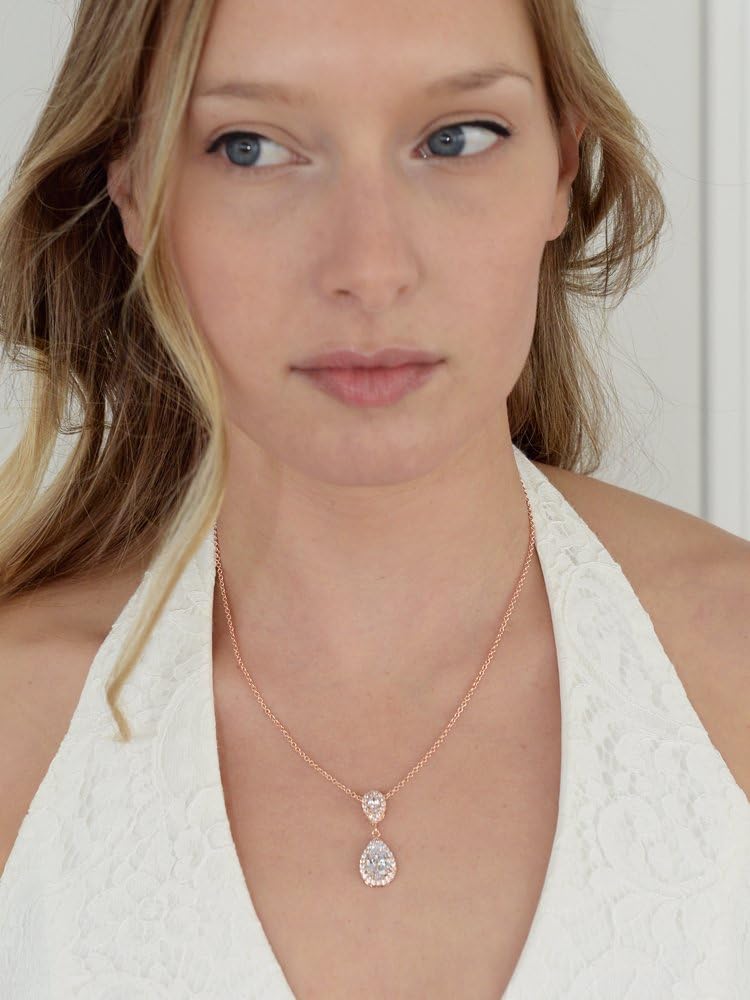 Mariell Rose Gold Cubic Zirconia Crystal Teardrop Bridal Wedding Pendant Necklace, Jewelry for Brides