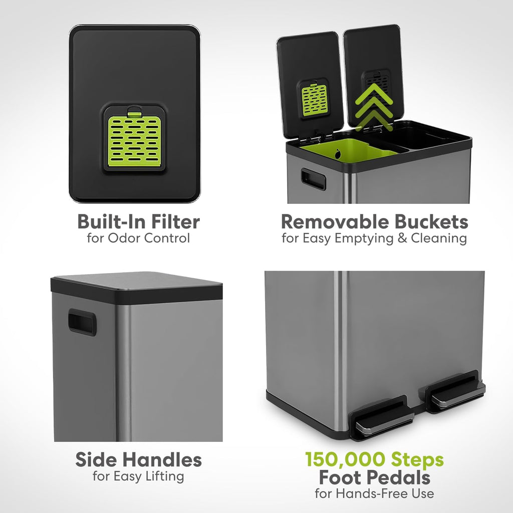 SIMPLI-MAGIC 16 Gallon (60L) Elegant Black Step Trash Can – Dual Compartment Kitchen Garbage Can with Waste & Recycling Bins – Slow-Close Lid, Odor Control, Hands-Free, Premium Stainless Steel