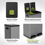 SIMPLI-MAGIC 16 Gallon (60L) Elegant Black Step Trash Can – Dual Compartment Kitchen Garbage Can with Waste & Recycling Bins – Slow-Close Lid, Odor Control, Hands-Free, Premium Stainless Steel