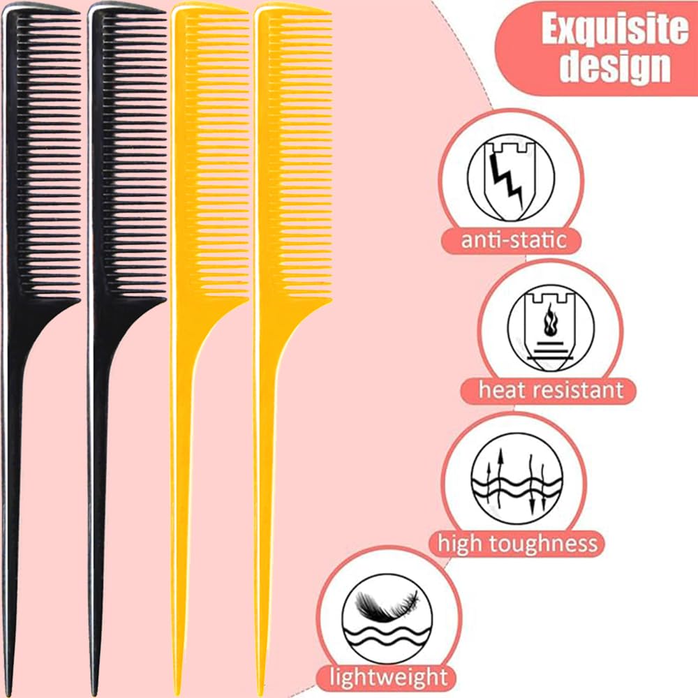LUXXII (4 Pack) 9.25" Sturdy Rat Tail Comb Fine-tooth Hair Combs with Thin and Long Handle (Black and Brown)