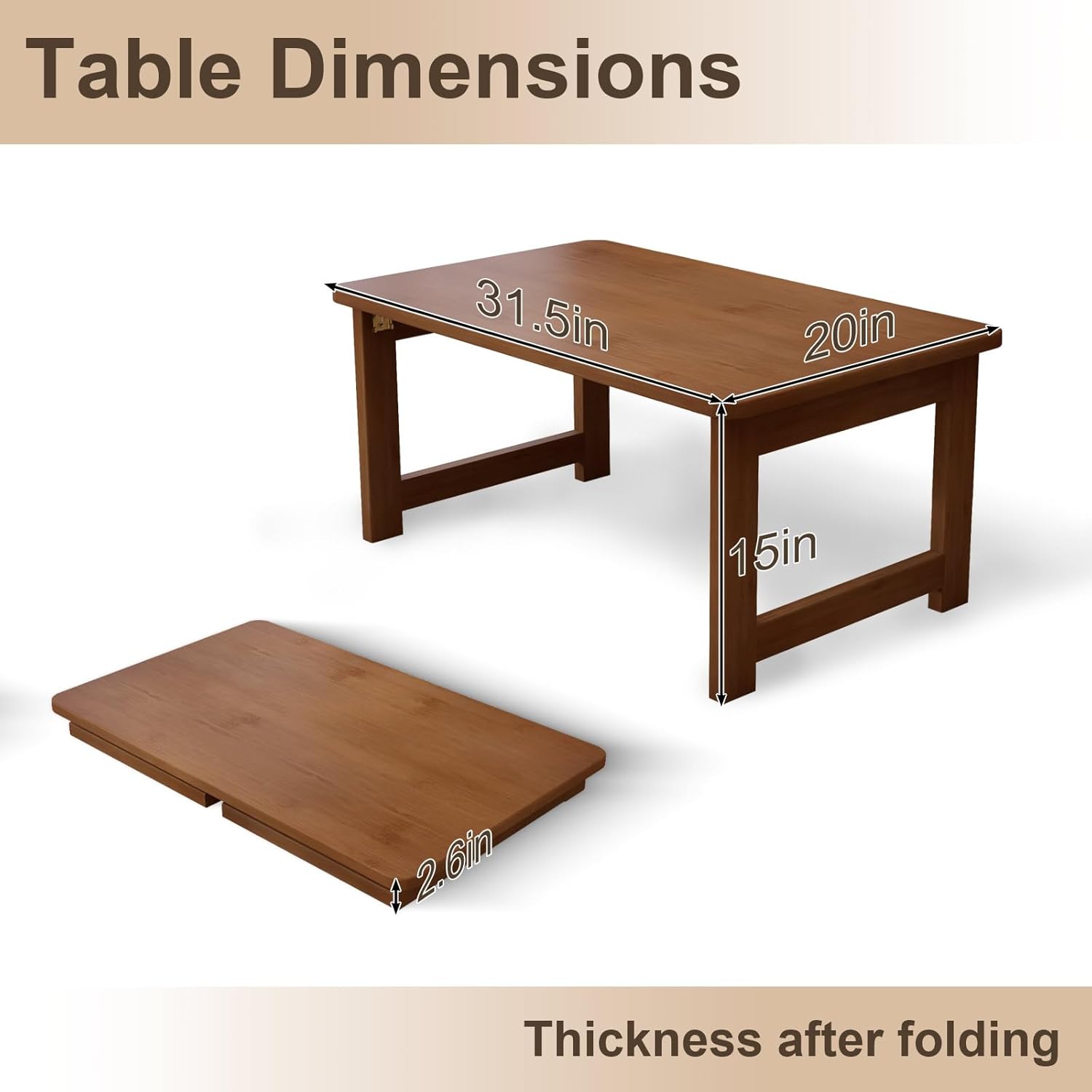 Floor Coffee Table for Living Room, Japanese Folding Low Dining Table, No Assembly Foldable Tatami Tea Table - Natural Solid Wood Bamboo, Rectangle Ground Desk for Small Spaces (Walnut)