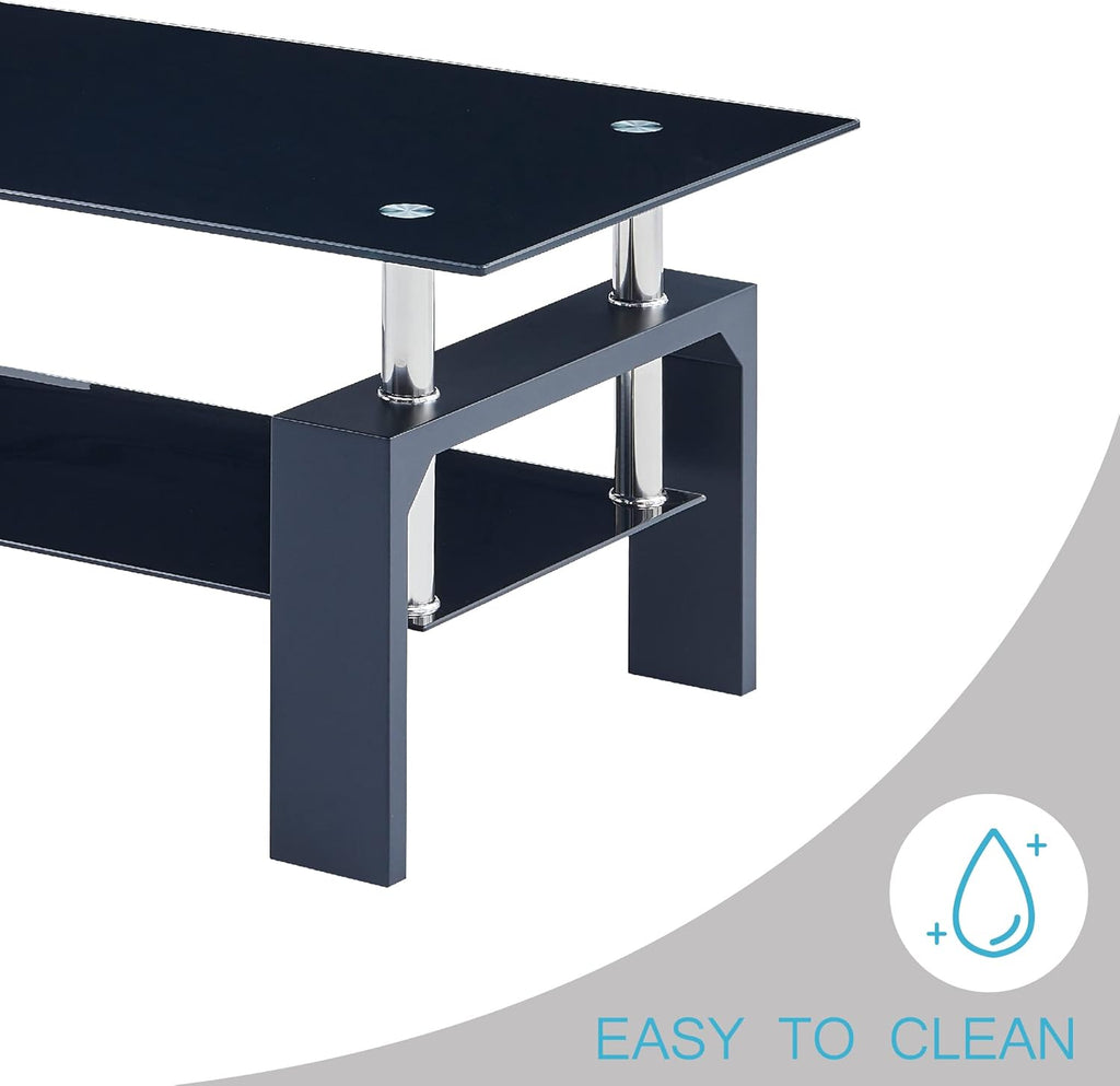 Btrpily Living Room Rectangle Coffee Table, Tea Table Suitable for Waiting Room, Modern Side Coffee Table with Wooden Leg, Glass Tabletop with Lower Shelf, 39.5D x 23.5W x 17.5H in, Black