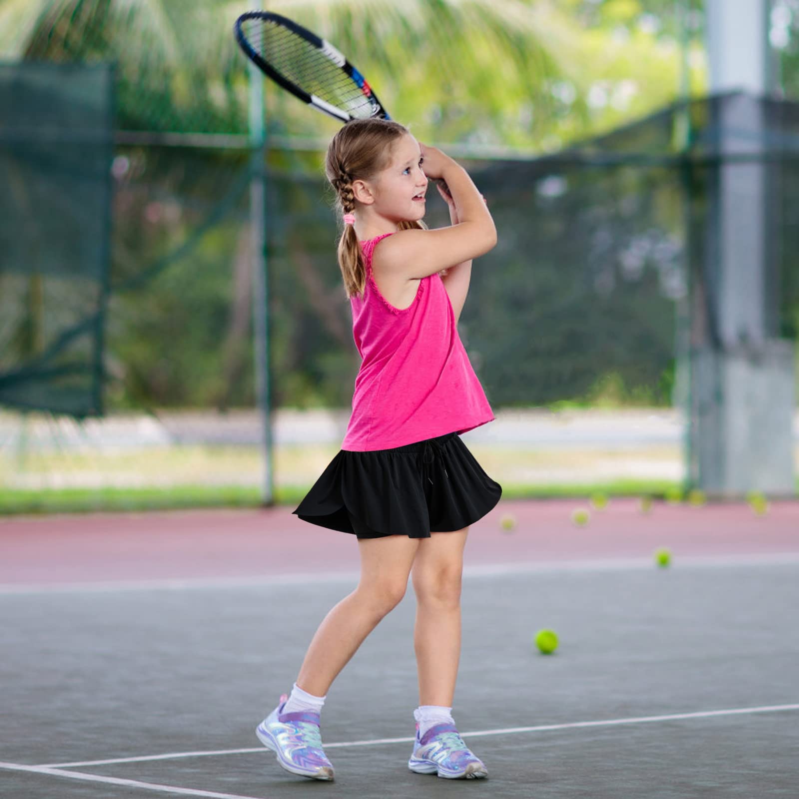 2 STK Piger Flydende Sommerfugle Shorts 2 i 1 Ungdom Sød Atletisk Shorts med Lommet til Fitness Løb Sport Dans Sort Hvid