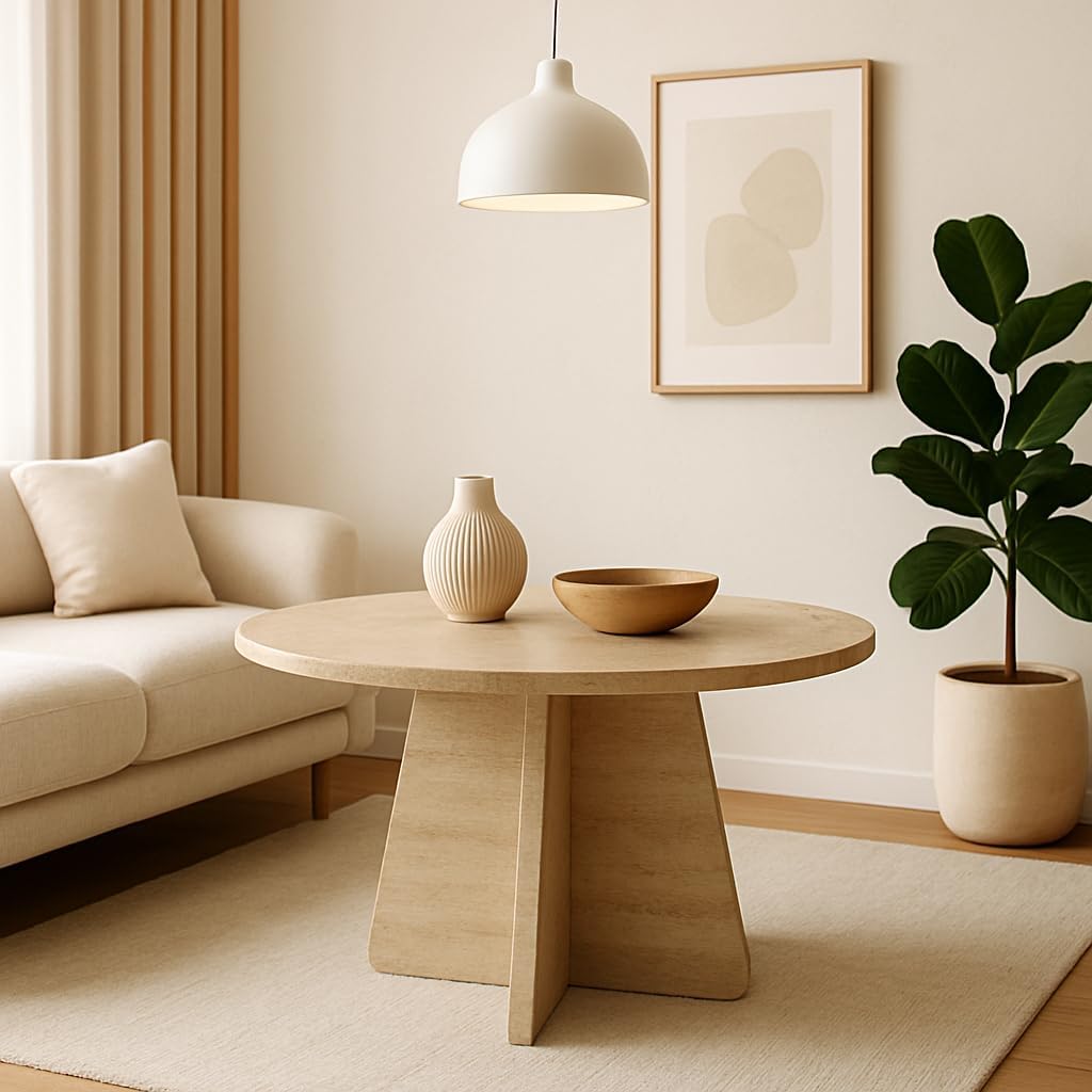 Travertine Efect Coffee Table Modern Side Table for Living Room Accent Table for Sofa or Bedroom (28.3x28.3x16.5 inches)