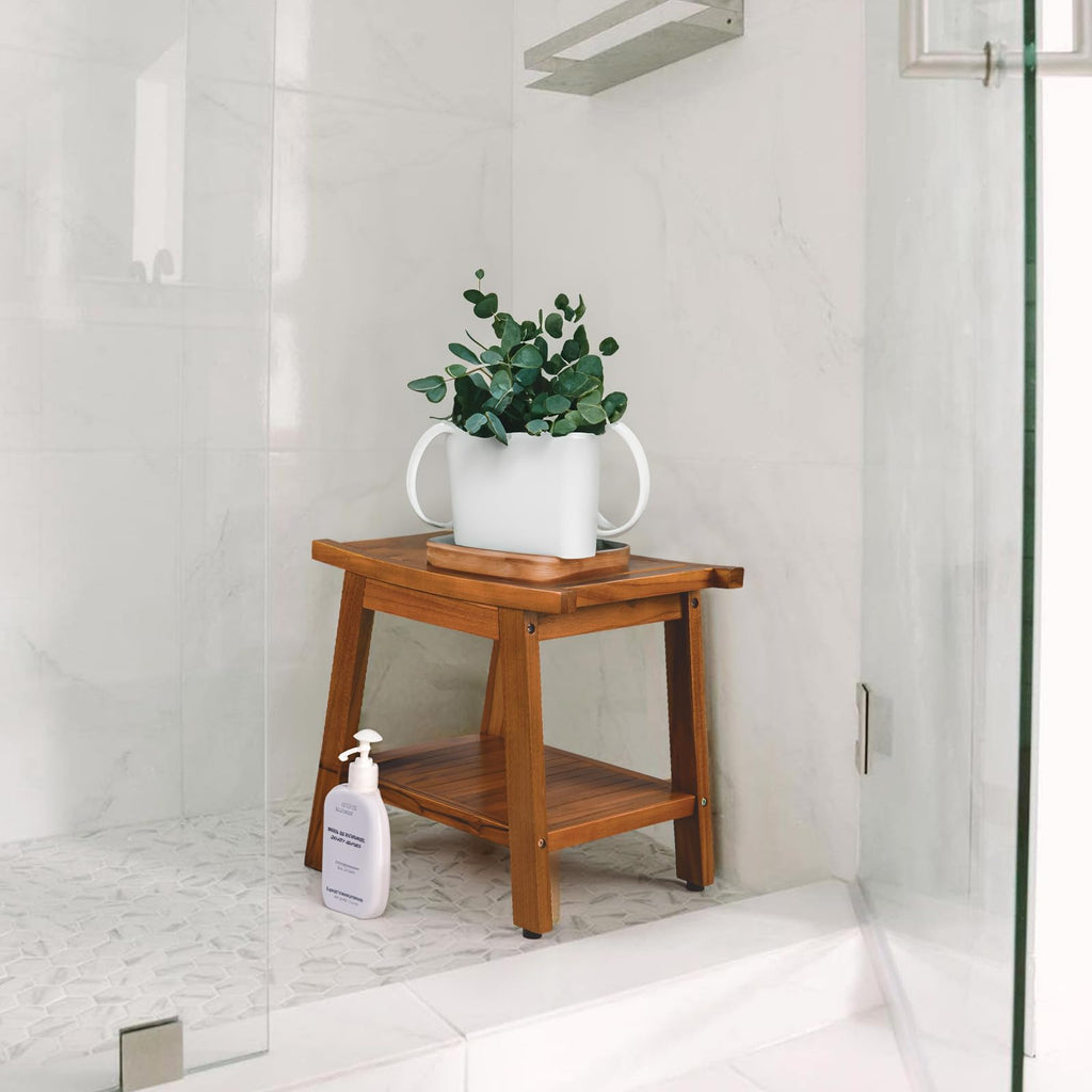 TEAKMAMA 21 Inch Teak Shower Bench with Storage Shelf and Handles, Teak Wood Shower Stool Waterproof Bath Chair for Indoor and Outdoor Use, Bathroom Stools for Adults Sitting