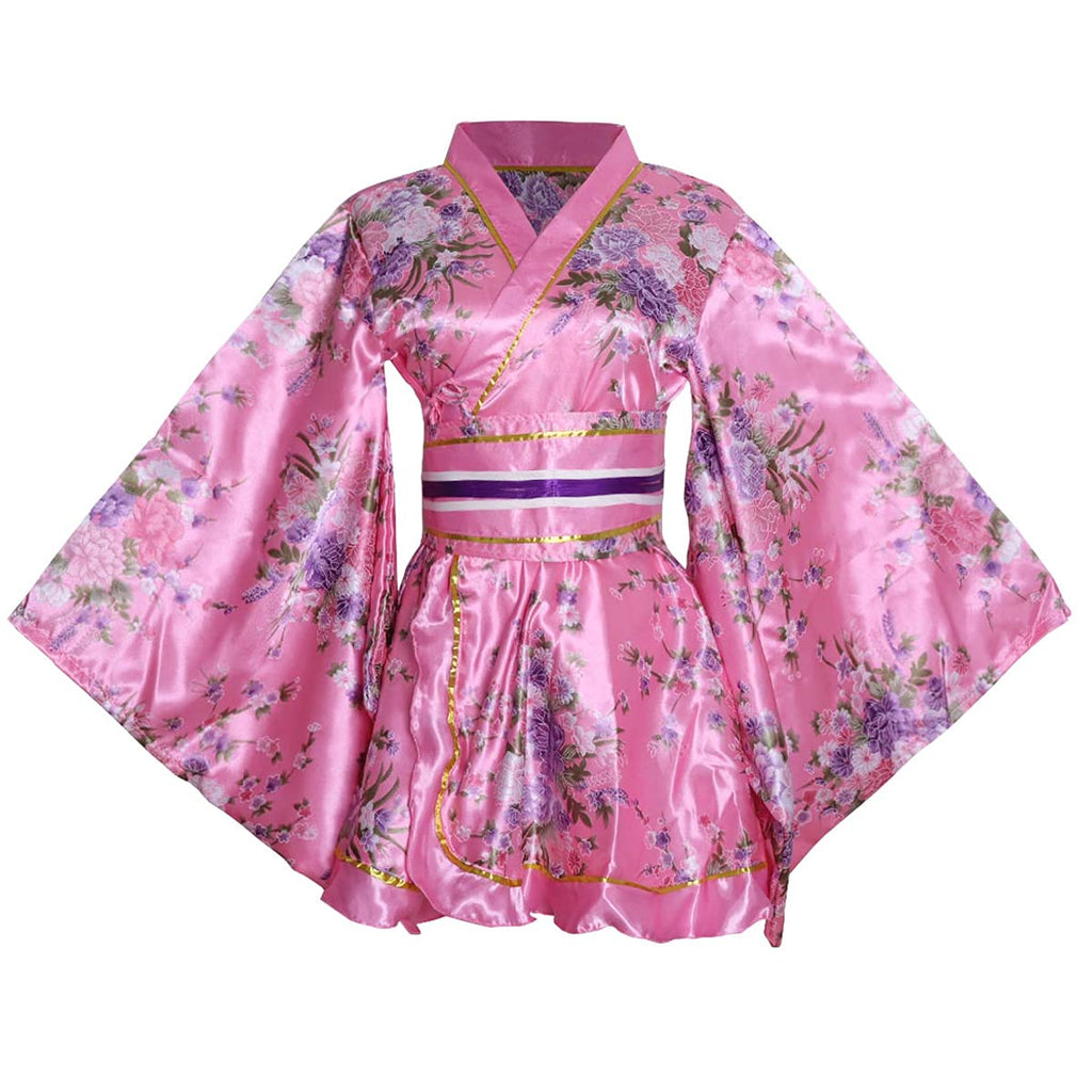 HUAHUA Women's Sexy Short Kimono Dress Floral Print Japanese Traditional Geisha Robe Bathrobe Skirt Belt Outfit
