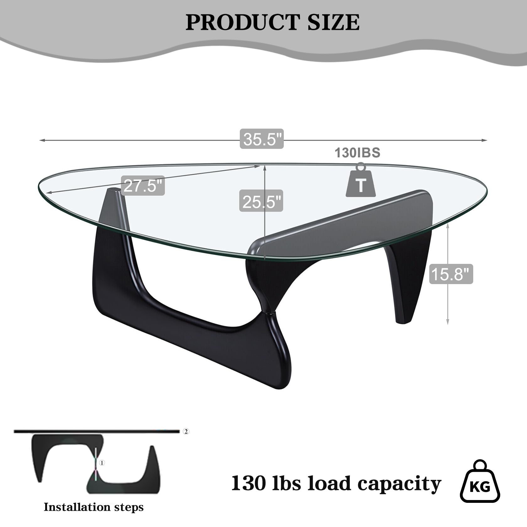 Modern Glass Coffee Table, 32.3″D×25.6″W×15.8″H-Abstract Unique Mid Century Triangle Center Table for Living Room, Minimalist Middle Tables for Home Office, Wooden Base